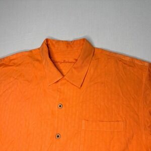 Tommy Bahama Silk Button Down Shirt Men's Large Orange Short‎ Sleeve Palm Tree